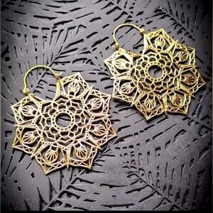 Boho Gold Brass Earrings Mandala Dangle Large - Brand New